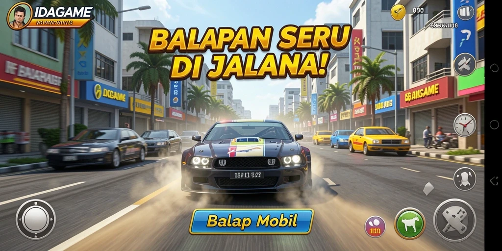Antarmuka menampilkan balapan mobil yang cepat dan seru.