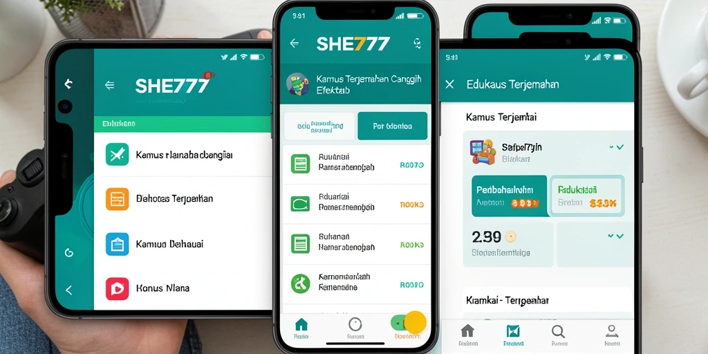 Antarmuka aplikasi SHE777 yang menarik dan fungsional untuk Kamus Terjemahan.